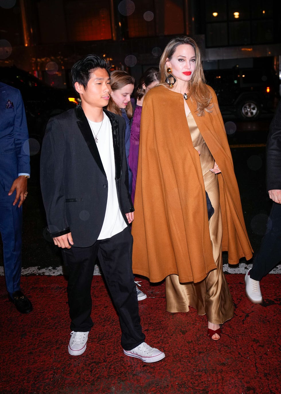 new york, new york april 11 angelina jolie and pax jolie pitt arrive at the afterparty of the outsiders on april 11, 2024 in new york city photo by gothamgc images