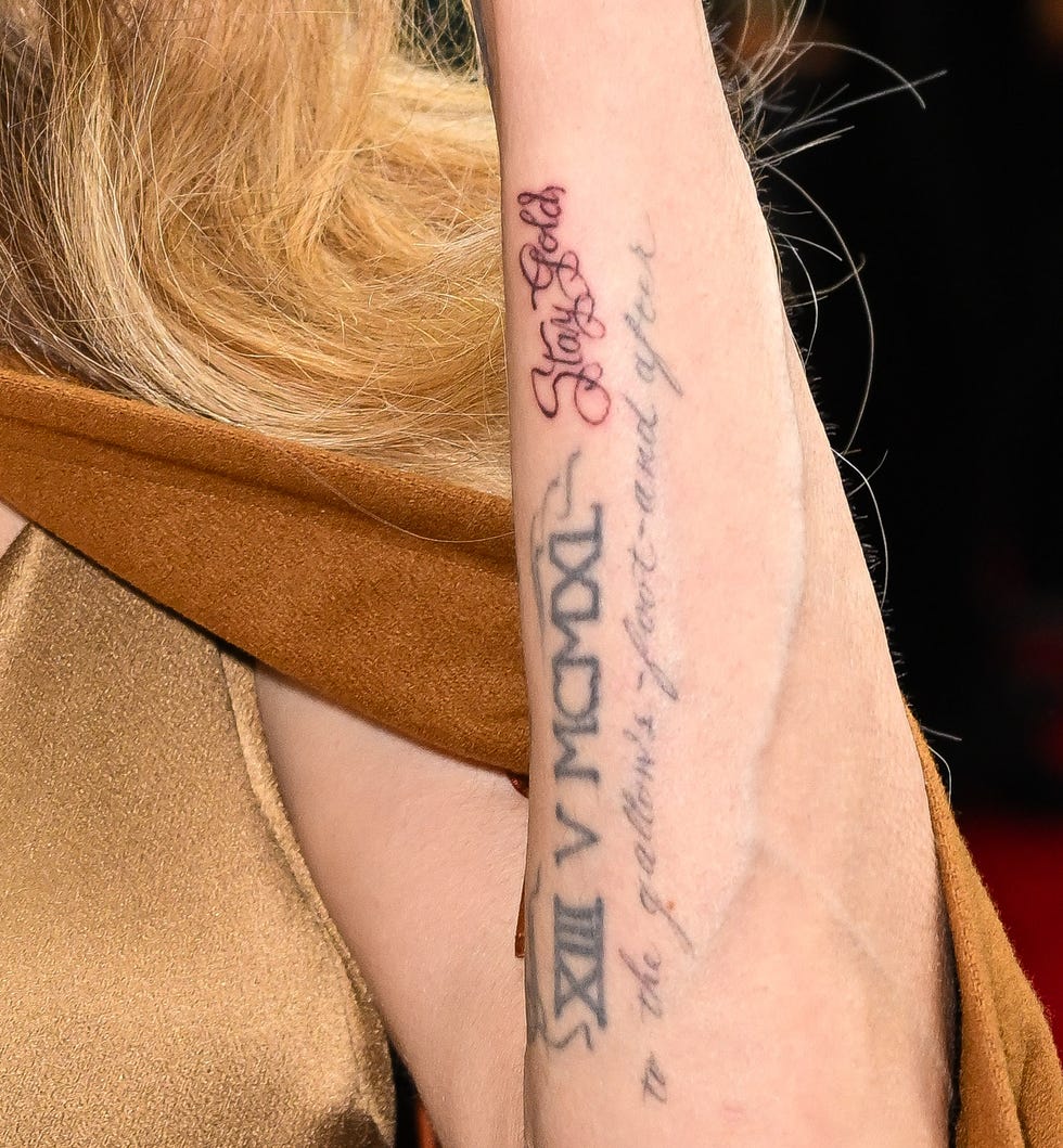 new york, new york april 11 angelina jolie, tattoo detail, attends the opening night of the outsiders at the bernard b jacobs theatre on april 11, 2024 in new york city photo by james devaneygc images