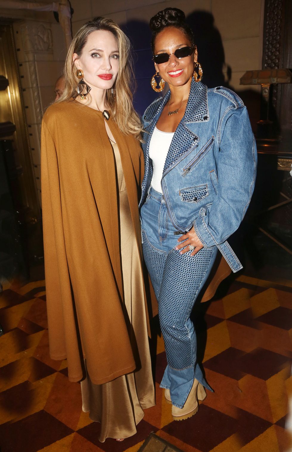 new york, new york april 11 exclusive coverage producer angelina jolie and alicia keys pose at the opening night after party for the new musical based on the classic novel the outsiders on broadway at cipriani 42nd street on april 11, 2024 in new york city photo by bruce glikasgetty images