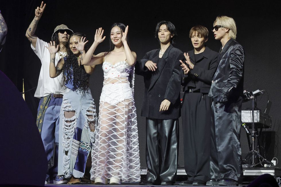 indio, california april 14 for editorial use only l r tiger jk, yoon mi rae, bibi, yūta jingūji, yuta kishi and sho hirano of numberi pose onstage during the 88rising futures showcase at the mojave tent during the 2024 coachella valley music and arts festival at empire polo club on april 14, 2024 in indio, california photo by frazer harrisongetty images for coachella