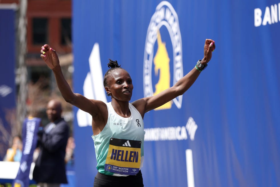 boston, massachusetts april 15 hellen obiri of kenya crosses the finish line and takes firs t place in the professional womens division during the 128th boston marathon on april 15, 2024 in boston, massachusetts photo by paul rutherfordgetty images