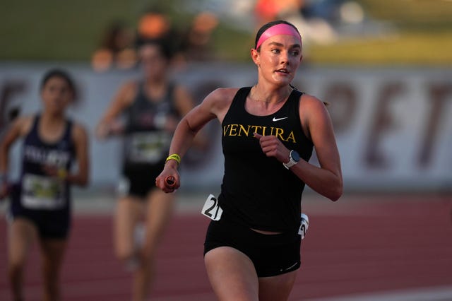 walnut, california april 20: sadie engelhardt runs the anchor leg on the ventura girls distance medley relay that won in a national high school outdoor record of11:21.85 during the 64th mt. san antonio college relays at hilmer lodge stadium on april 20, 2024 in walnut, california. (photo by kirby lee/getty images)
