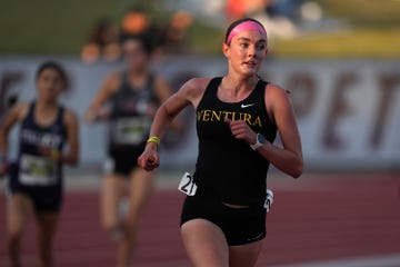 walnut, california april 20: sadie engelhardt runs the anchor leg on the ventura girls distance medley relay that won in a national high school outdoor record of11:21.85 during the 64th mt. san antonio college relays at hilmer lodge stadium on april 20, 2024 in walnut, california. (photo by kirby lee/getty images)