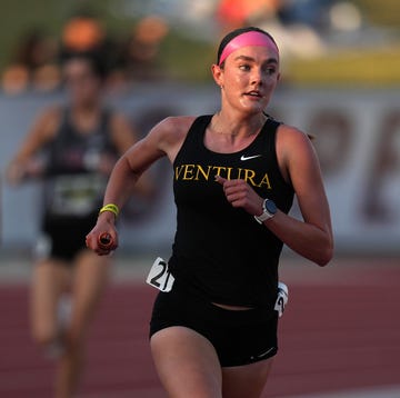 64th Mt. San Antonio College Relays walnut, california april 20: sadie engelhardt runs the anchor leg on the ventura girls distance medley relay that won in a national high school outdoor record of11:21.85 during the 64th mt. san antonio college relays at hilmer lodge stadium on april 20, 2024 in walnut, california. (photo by kirby lee/getty images)