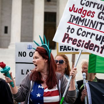 people demonstrate against trump while the supreme court hears oral arguments on his claim of immunity from prosecution for alleged crimes committed during and after leaving office, washington, dc, april 25, 2024 technically an appeal regarding prosecution for his actions during and leading up to the united states capitol insurrection on january 6, 2021, the ruling will affect all four felony cases against him the court is expected to reject his claim that presidents retain permanent and absolute immunity photo by allison bailey middle east images middle east images via afp photo by allison baileymiddle east imagesafp via getty images