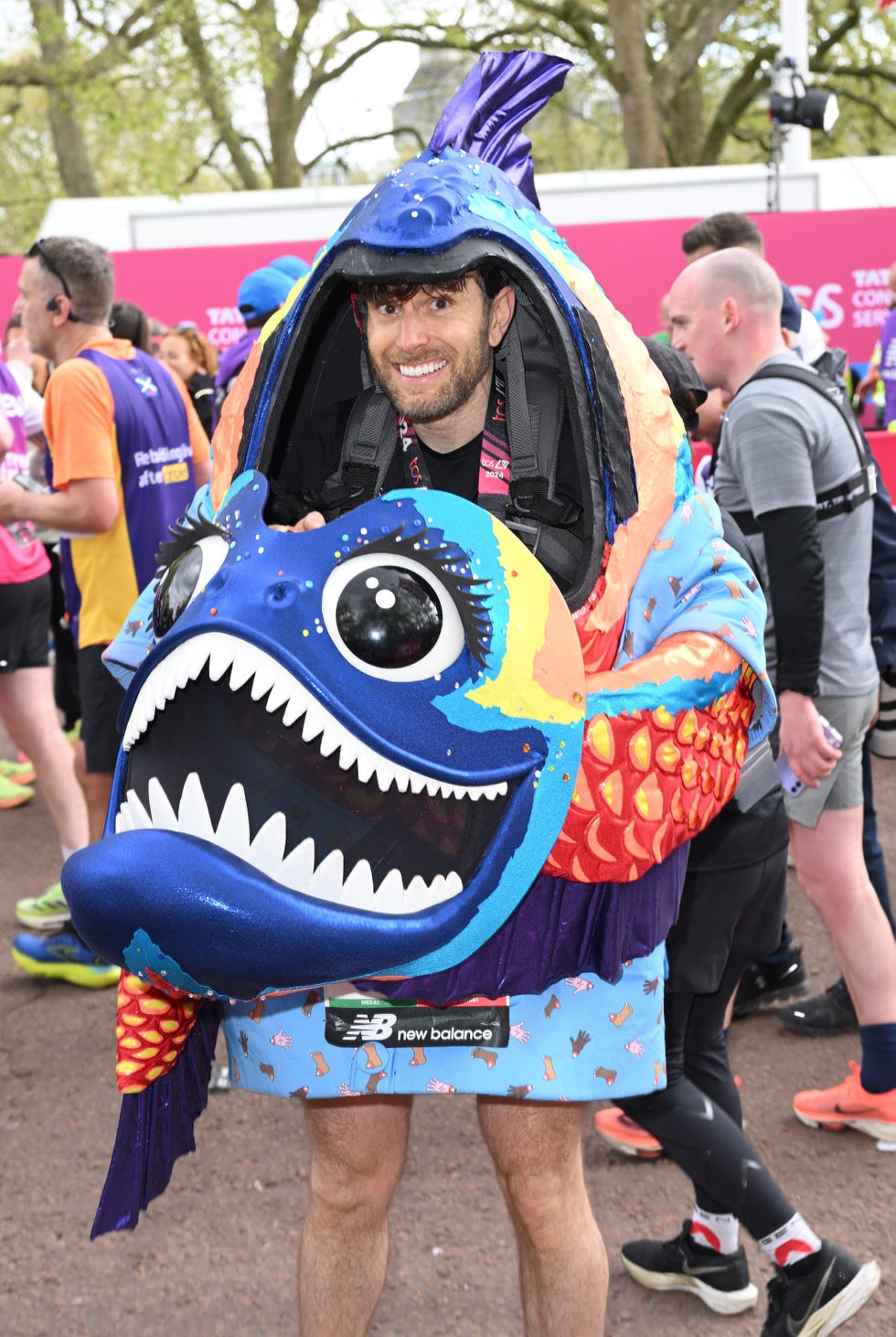 2024 London Marathon - Celebrity Runners london, england april 21: joel dommett finishes the 2024 london marathon on april 21, 2024 in london, england. (photo by karwai tang/wireimage)