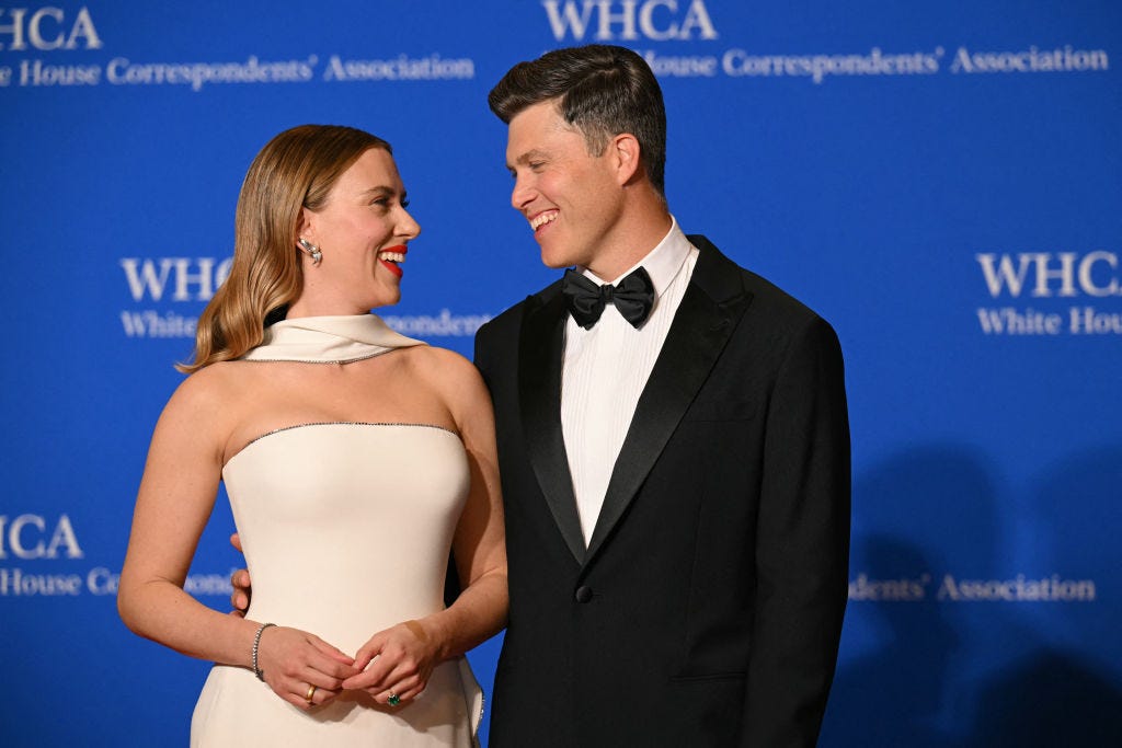 us actress scarlett johansson l and us comedian colin jost arrive for the white house correspondents association whca dinner at the washington hilton, in washington, dc, on april 27, 2024 photo by drew angerer afp photo by drew angererafp via getty images