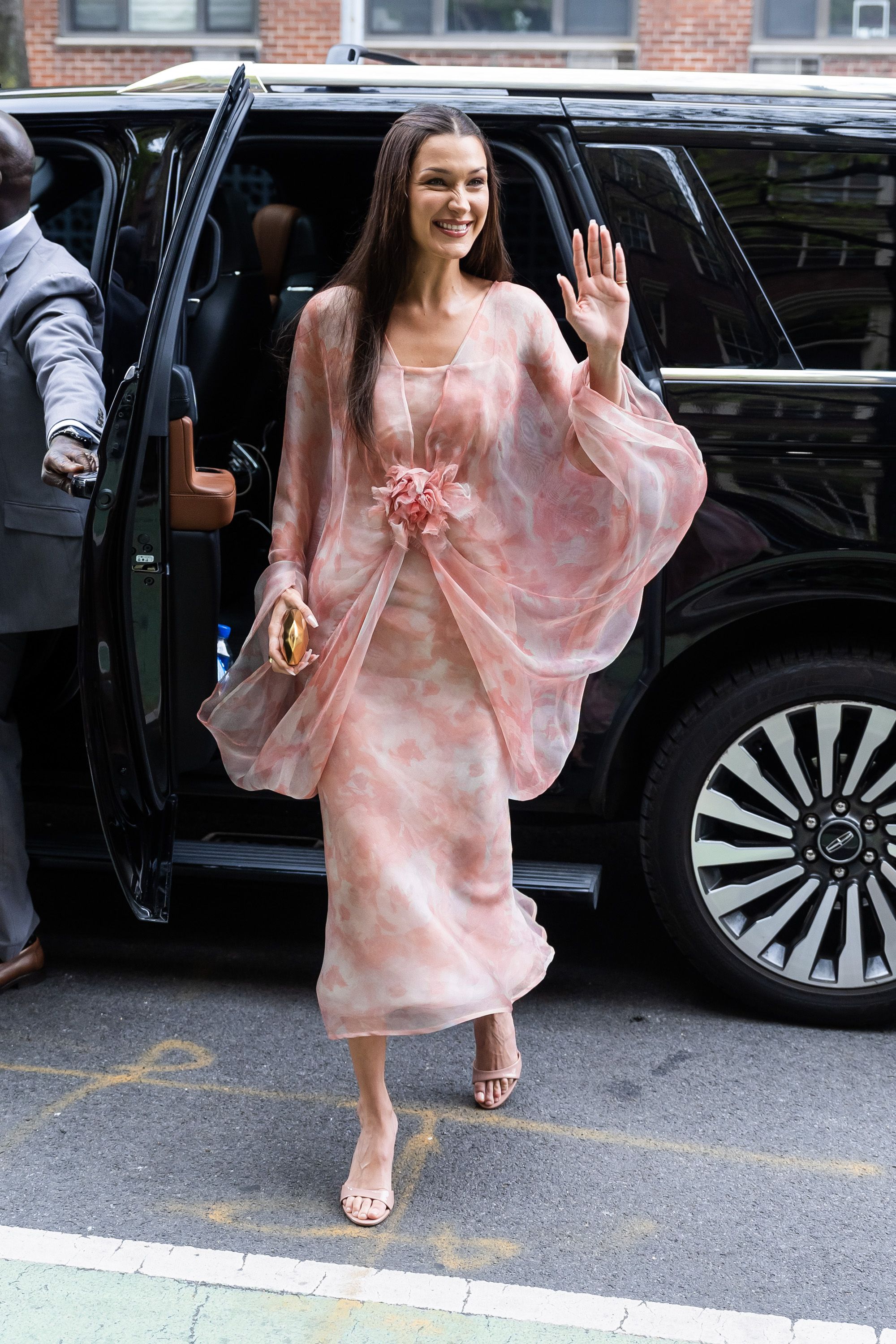 Bella Hadid Goes Boho in a Flowing Pink Watercolor Dress