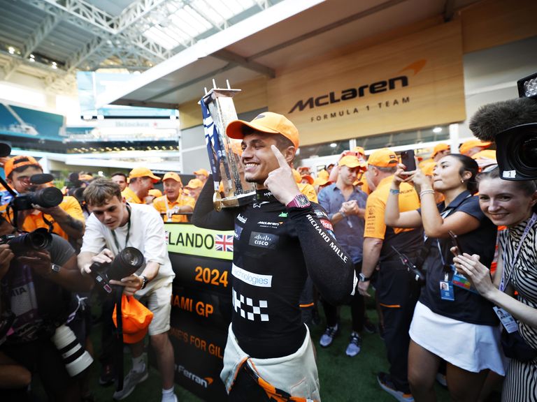 miami, florida may 05 race winner lando norris of great britain and mclaren celebrates victory with his team after the f1 grand prix of miami at miami international autodrome on may 05, 2024 in miami, florida photo by chris graythengetty images