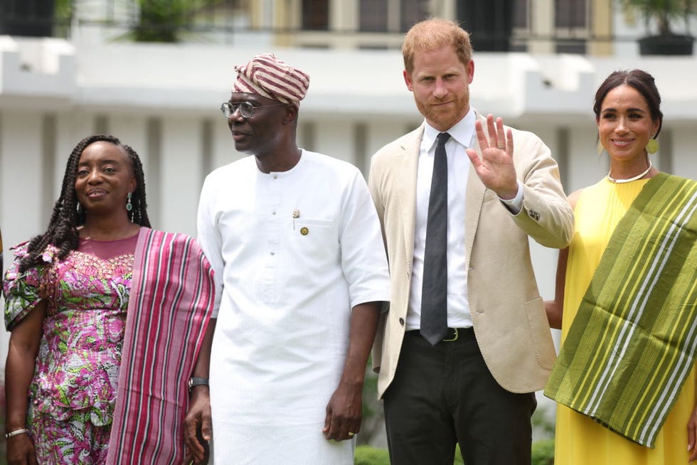 lagos state governor wife, ibijoke sanwo olu l, lagos state governor, babajide sanwo olu 2ndl, britains prince harry 2ndr, duke of sussex, and britains meghan r, duchess of sussex, pose for a photo at the state governor house in lagos on may 12, 2024 as they visit nigeria as part of celebrations of invictus games anniversary photo by kola sulaimon  afp photo by kola sulaimonafp via getty images