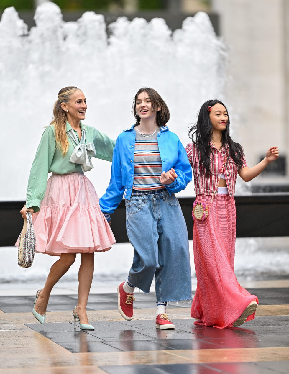 new york, new york may 10 sarah jessica parker l is seen on the set of and just like that season 3, the follow up series to sex and the city at lincoln center on may 10, 2024 in new york city photo by james devaneygc images