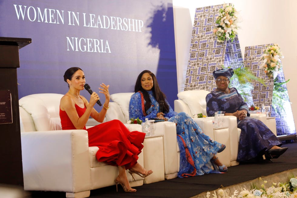 abuja, nigeria may 11 editorial use only meghan, duchess of sussex speaks at a women in leadership event co hosted with ngozi okonjo iweala on may 11, 2024 in abuja, nigeria photo by andrew esiebogetty images for the archewell foundation