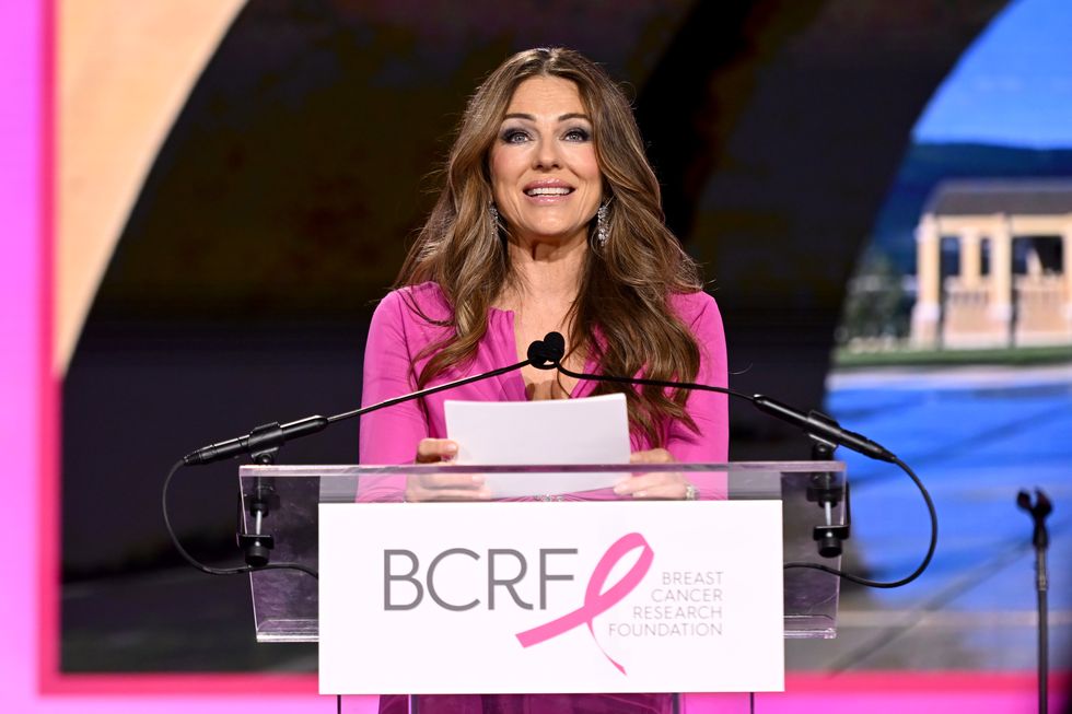 new york, new york may 14 elizabeth hurley speaks onstage during the breast cancer research foundation hot pink party at the glasshouse on may 14, 2024 in new york city photo by noam galaigetty images for bcrf