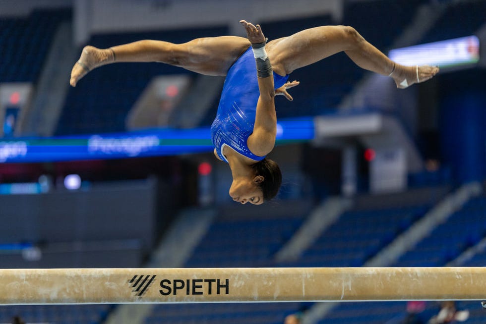 hartford, connecticut may 17 gabby douglas during podium training perfoms on the balance beam in preparation for the 2024 core hydration classic at the xl centre, hartford on may 17th, 2024, in hartford, connecticut usa photo by tim claytoncorbis via getty images