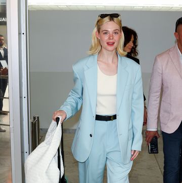 nice, france may 23 elle fanning is seen at nice airport during the 77th cannes film festival on may 23, 2024 in nice, france photo by marc piaseckigc images
