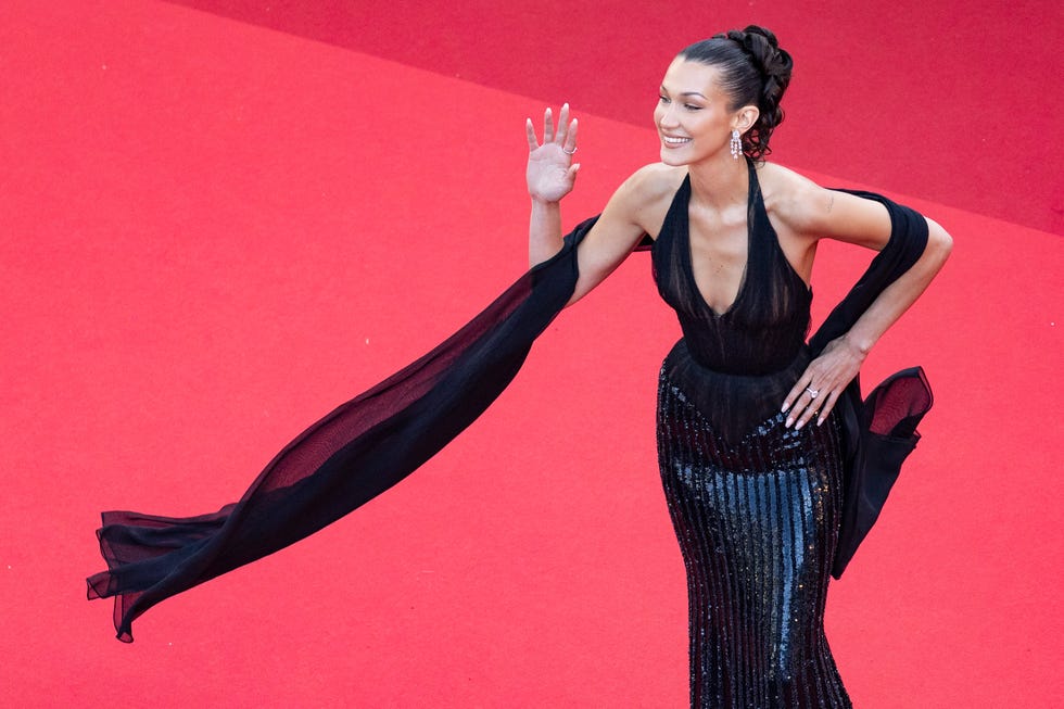 cannes, france may 23 bella hadid attends the lamour ouf beating hearts red carpet at the 77th annual cannes film festival at palais des festivals on may 23, 2024 in cannes, france photo by andre pain poolgetty images