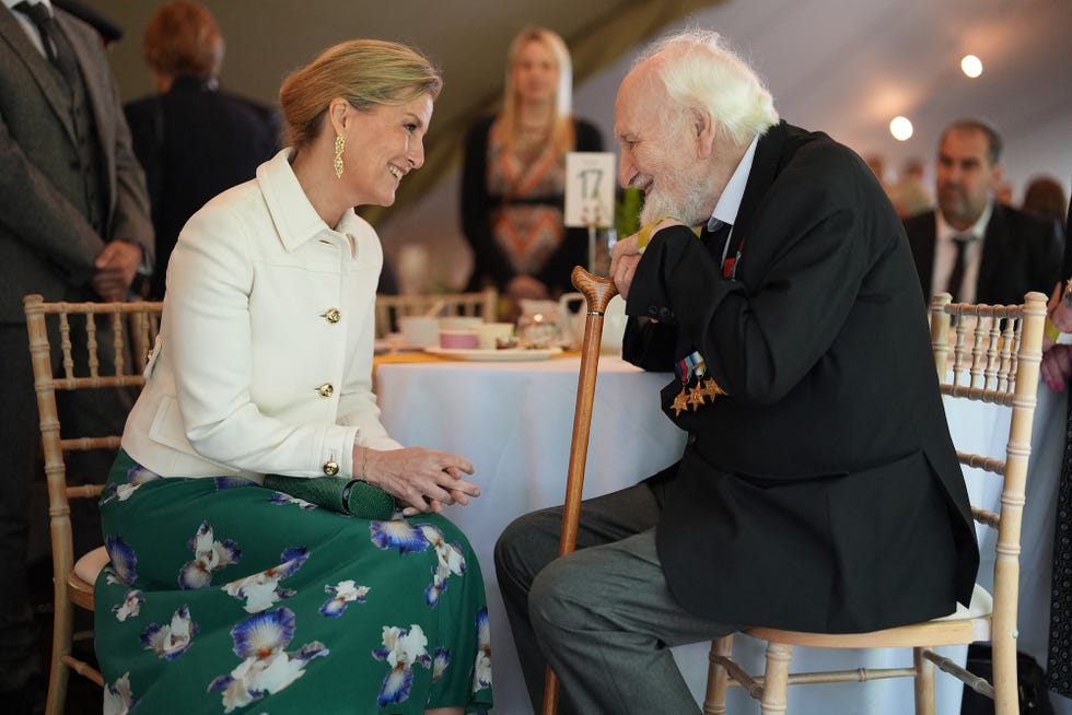 britain's sophie, duchess of edinburgh speaks with a normandy veteran ahead of the uk national service of remembrance at the national memorial arboretum in stafford, central england, as part of the events to mark the 80th anniversary commemorations of allied amphibious landing (d day landings) in france in 1944, on june 6, 2024. hosted by the royal british legion for veterans, their families and descendants, the service will be focused on the stories of the veterans told through first person testimony, their families and will culminate in an act of remembrance and wreath laying. (photo by jacob king / pool / afp)