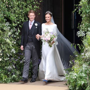 chester, england june 07 hugh grosvenor, duke of westminster and olivia grosvenor, duchess of westminster smile to well wishers after their wedding ceremony at chester cathedral on june 07, 2024 in chester, england photo by chris jacksongetty images