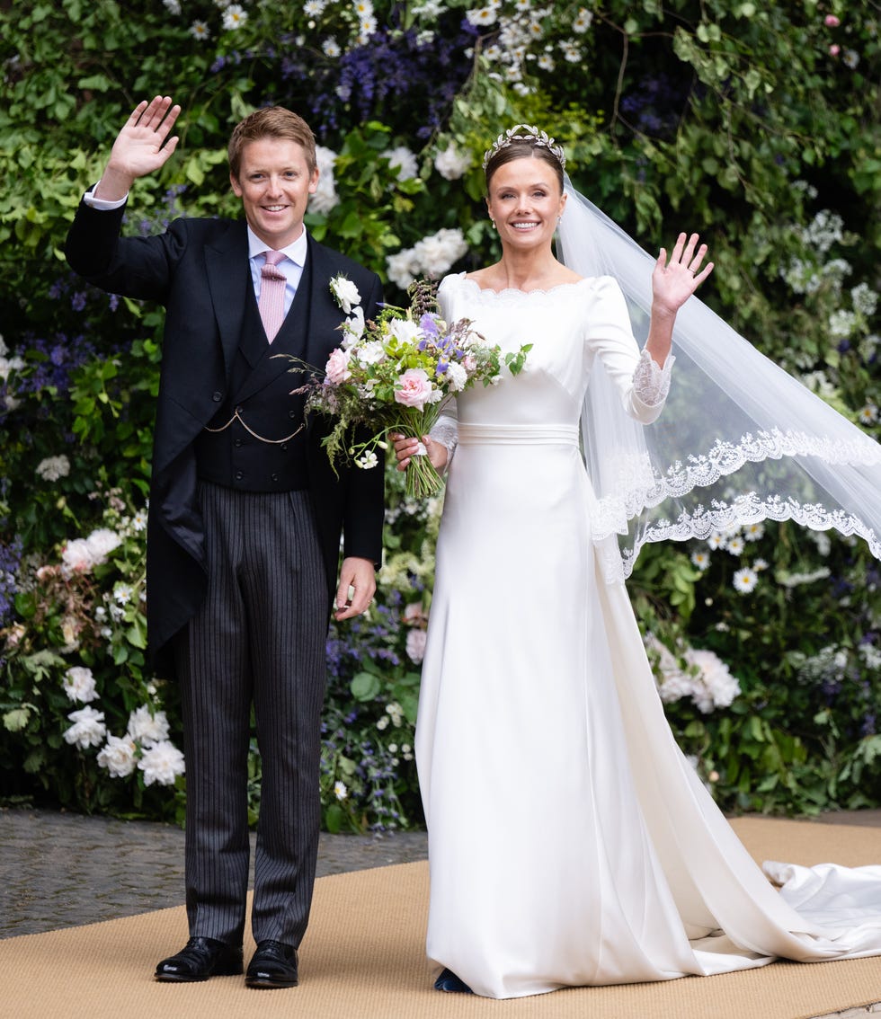 chester, england june 07 hugh grosvenor, duke of westminster and olivia grosvenor, duchess of westminster depart after their wedding ceremony at chester cathedral on june 07, 2024 in chester, england photo by samir husseinwireimage