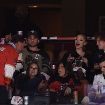 sunrise, florida june 08 singer and actress ariana grande reacts prior to game one of the 2024 stanley cup final between the florida panthers and the edmonton oilers at amerant bank arena on june 08, 2024 in sunrise, florida photo by elsagetty images