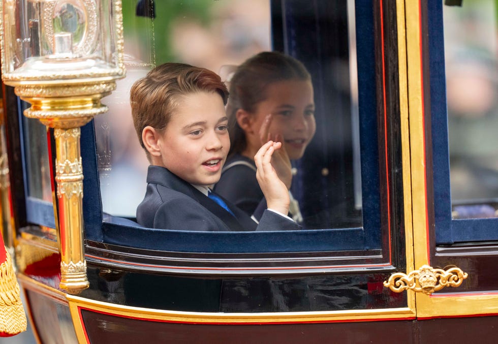 london, england june 15 prince george of wales and princess charlotte of wales wave during trooping the colour on june 15, 2024 in london, england trooping the colour is a ceremonial parade celebrating the official birthday of the british monarch the event features over 1,400 soldiers and officers, accompanied by 200 horses more than 400 musicians from ten different bands and corps of drums march and perform in perfect harmony photo by mark cuthbertuk press via getty images