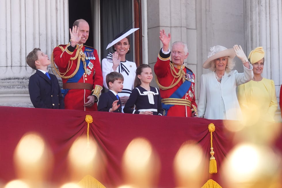 prince george, the prince of wales, prince louis, the princess of wales, princess charlotte, king charles iii, queen camilla and the duchess of edinburgh on the balcony of buckingham palace, london, to view the flypast following the trooping the colour ceremony in central london, as king charles celebrates his official birthday picture date saturday june 15, 2024 photo by james manningpa images via getty images