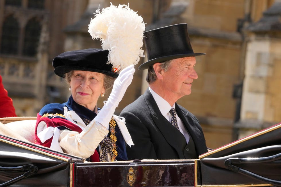 windsor, england june 17 princess anne and her husband timothy lawrence ride in a carriage after attending the order of the garter service at windsor castle on june 17, 2024 in windsor, england photo by kirsty wigglesworth wpa poolgetty images