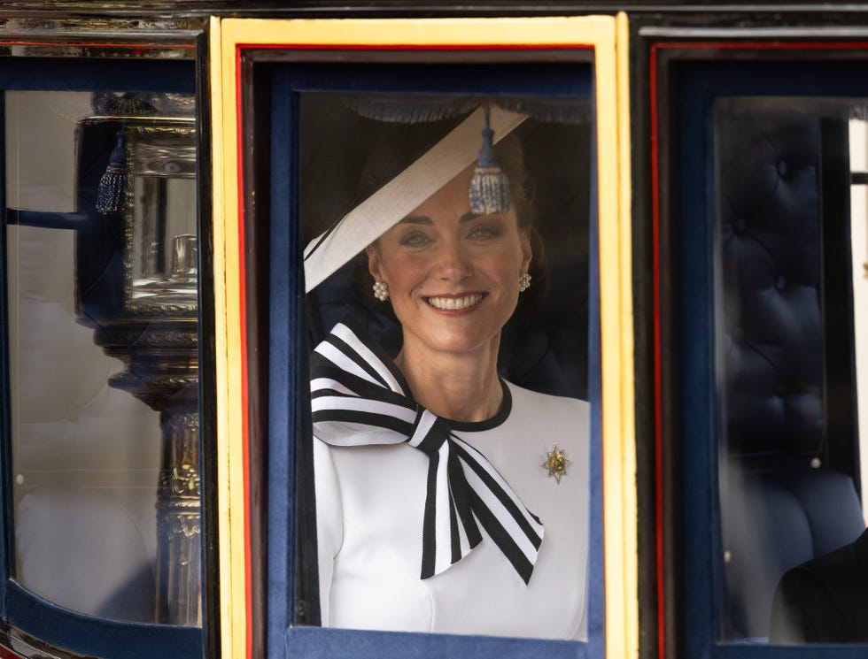 london, england june 15 catherine, princess of wales during trooping the colour on june 15, 2024 in london, england trooping the colour is a ceremonial parade celebrating the official birthday of the british monarch the event features over 1,400 soldiers and officers, accompanied by 200 horses more than 400 musicians from ten different bands and corps of drums march and perform in perfect harmony photo by samir husseinwireimage