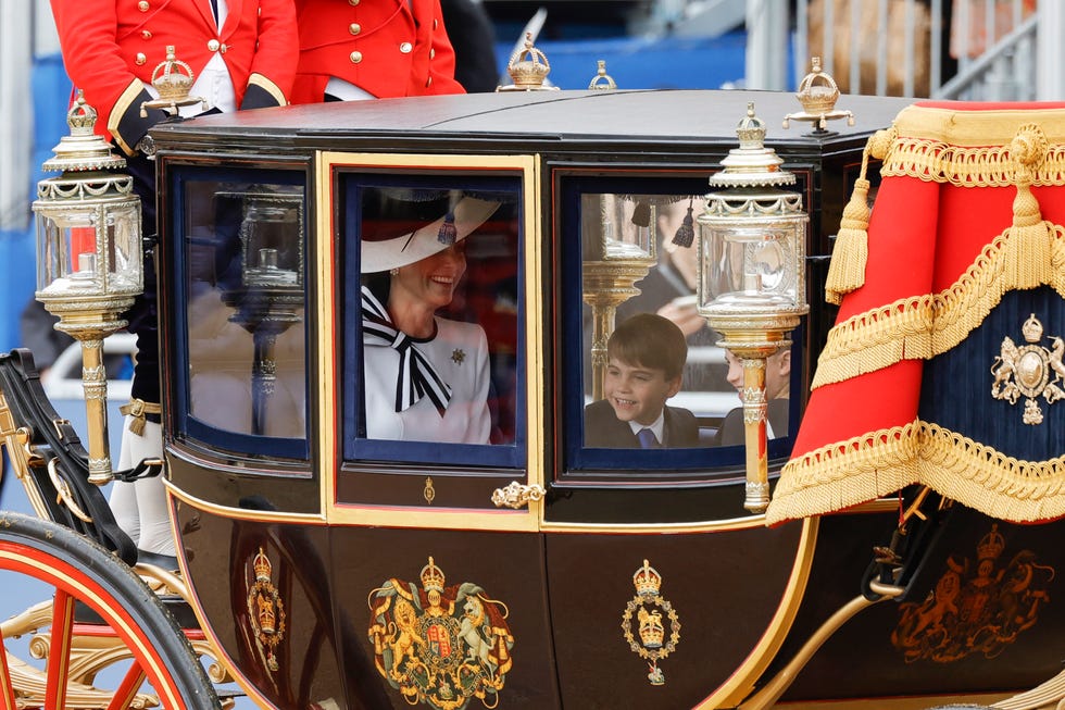 london, england june 15 catherine, princess of wales and prince louis of wales during trooping the colour at horse guards parade on june 15, 2024 in london, england trooping the colour is a ceremonial parade celebrating the official birthday of the british monarch the event features over 1,400 soldiers and officers, accompanied by 200 horses more than 400 musicians from ten different bands and corps of drums march and perform in perfect harmony photo by john phillipsgetty images