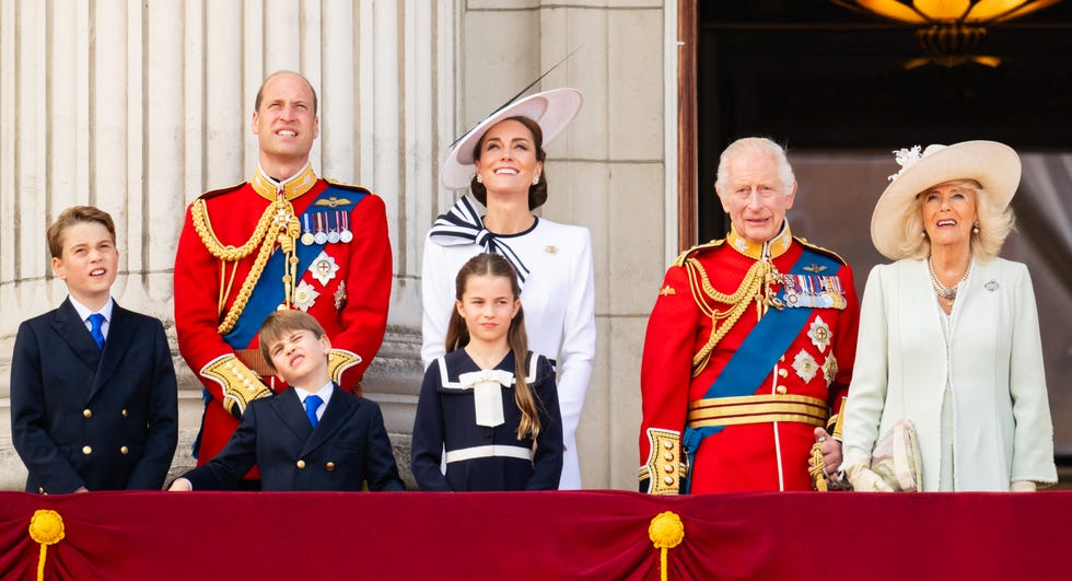 london, england june 15 prince george of wales, prince william, prince of wales, prince louis of wales, princess charlotte of wales, catherine, princess of wales, king charles iii and queen camilla during trooping the colour on june 15, 2024 in london, england trooping the colour is a ceremonial parade celebrating the official birthday of the british monarch the event features over 1,400 soldiers and officers, accompanied by 200 horses more than 400 musicians from ten different bands and corps of drums march and perform in perfect harmony photo by samir husseinwireimage