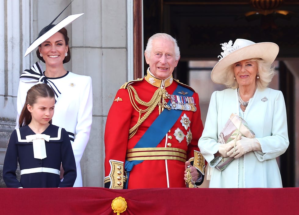 london, england june 15 catherine, princess of wales, princess charlotte of wales, king charles iii and queen camilla look on from the balcony during trooping the colour at buckingham palace on june 15, 2024 in london, england trooping the colour is a ceremonial parade celebrating the official birthday of the british monarch the event features over 1,400 soldiers and officers, accompanied by 200 horses more than 400 musicians from ten different bands and corps of drums march and perform in perfect harmony photo by chris jacksongetty images