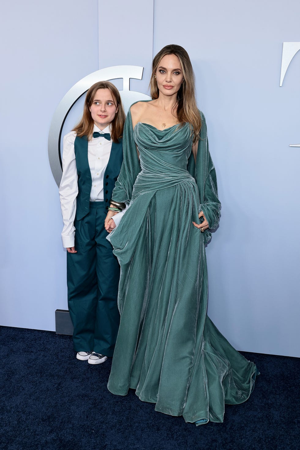 Angelina Jolie Stuns at the Tony Awards in a Teal Velvet Gown