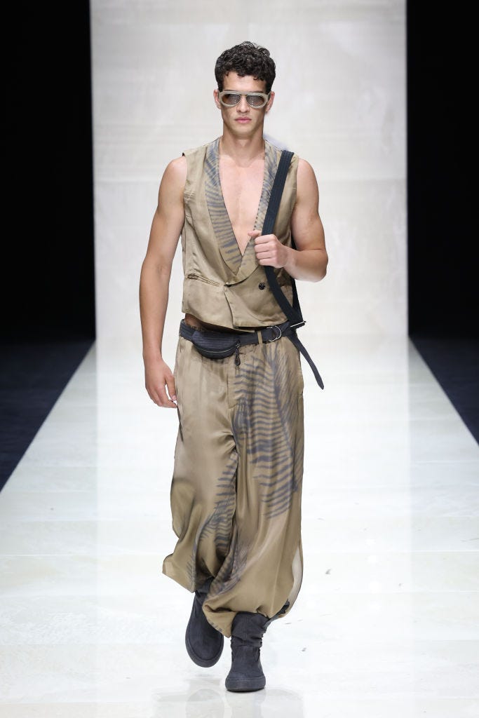 milan, italy june 17: a model walks the runway at the giorgio armani fashion show during the milan menswear spring/summer 2025 on june 17, 2024 in milan, italy. (photo by pietro daprano/getty images)