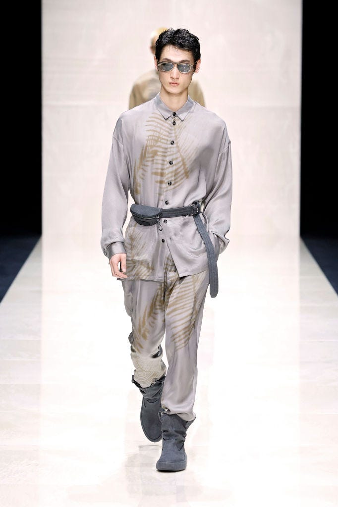 milan, italy june 17: a model walks the runway at the giorgio armani fashion show during the milan menswear spring/summer 2025 on june 17, 2024 in milan, italy. (photo by estrop/getty images)