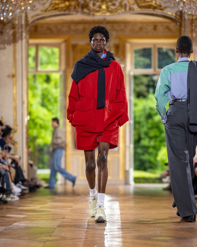paris, france june 18: (editorial use only for non editorial use please seek approval from fashion house) a model walks the runway during the auralee menswear spring/summer 2025 show as part of paris fashion week on june 18, 2024 in paris, france. (photo by justin shin/getty images)