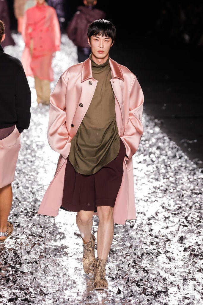 paris, france june 22: (editorial use only for non editorial use please seek approval from fashion house) a model walks the runway during the dries van noten menswear spring/summer 2025 show at the babcock factory in la courneuve as part of paris fashion week on june 22, 2024 in paris, france. (photo by richard bord/getty images)