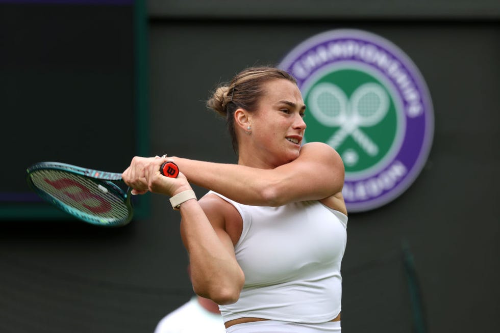 london, england june 28: aryna sabalenka plays a backhand during practice prior to the championships wimbledon 2024 at all england lawn tennis and croquet club on june 28, 2024 in london, england. (photo by clive brunskill/getty images)
