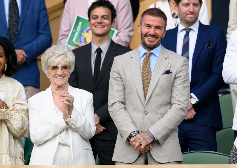 london, england july 01: sandra beckham and david beckham attend day one of the wimbledon tennis championships at the all england lawn tennis and croquet club on july 01, 2024 in london, england. (photo by karwai tang/wireimage)