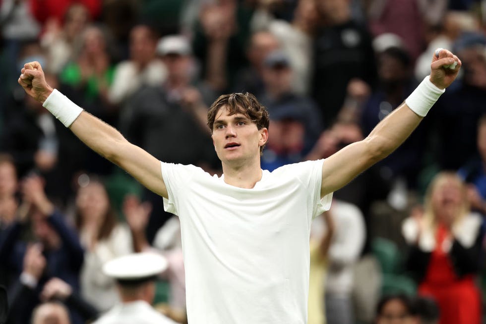 london, england july 02: jack draper of great britain celebrates winning match point against elias ymer of sweden in his gentlemens singles first round match during day two of the championships wimbledon 2024 at all england lawn tennis and croquet club on july 02, 2024 in london, england. (photo by sean m. haffey/getty images)