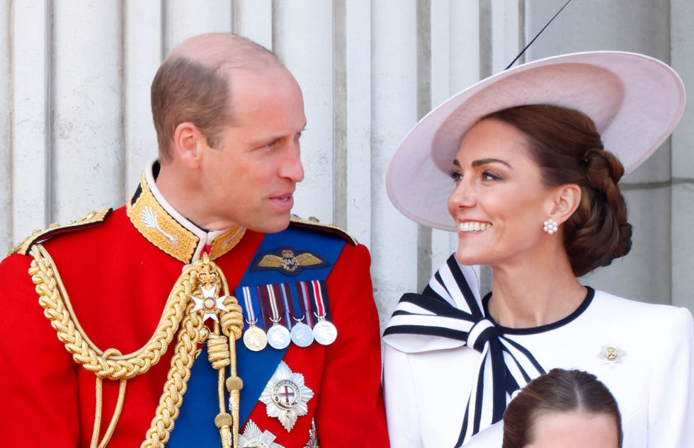 london, united kingdom june 15: (embargoed for publication in uk newspapers until 24 hours after create date and time) prince william, prince of wales (colonel of the welsh guards) and catherine, princess of wales watch an raf flypast from the balcony of buckingham palace after attending trooping the colour on june 15, 2024 in london, england. trooping the colour, also known as the kings birthday parade, is a military ceremony to mark the official birthday of the british sovereign. the ceremony takes place at horse guards parade followed by a flypast over buckingham palace and was first performed in the mid 17th century during the reign of king charles ii. the parade features all seven regiments of the household division with number 9 company, irish guards being the regiment this year having their colour trooped. (photo by max mumby/indigo/getty images)