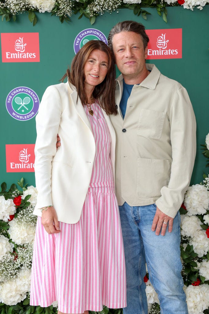 london, england july 10 jools oliver and jamie oliver attend as a guest of emirates, official airline partner of the championships, wimbledon, on july 10, 2024 in london, england photo by dave benettgetty images for emirates