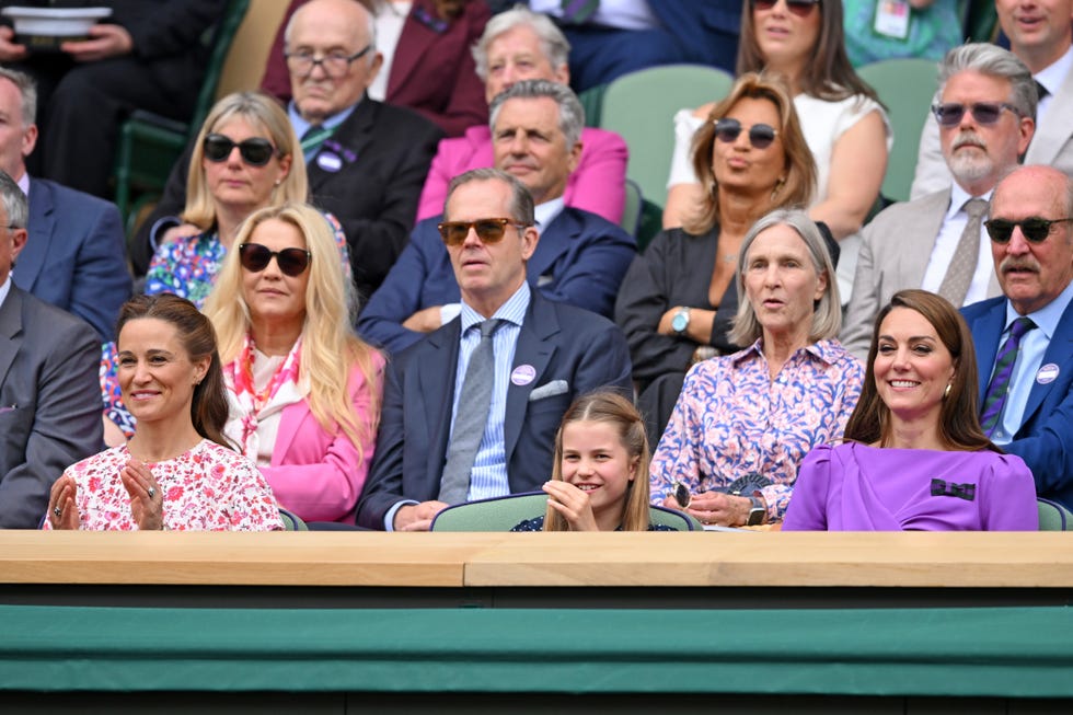 london, england july 14 l r pippa middleton, stefan edberg, princess charlotte of wales, marjory gengler, catherine princess of wales, christopher mcquarrie and stan smith court side of centre court during the mens final on day fourteen of the wimbledon tennis championships at the all england lawn tennis and croquet club on july 14, 2024 in london, england photo by karwai tangwireimage