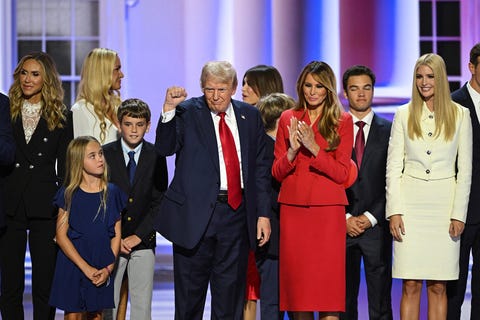 former us president and 2024 republican presidential candidate donald trump stands alongside former us first lady melania trump and family after he accepted his party's nomination on the last day of the 2024 republican national convention at the fiserv forum in milwaukee, wisconsin, on july 18, 2024. days after he survived an assassination attempt trump won formal nomination as the republican presidential candidate and picked ohio us senator j.d. vance for running mate. (photo by andrew caballero reynolds / afp) (photo by andrew caballero reynolds/afp via getty images)