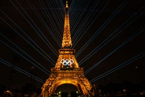 paris, france july 24 light shows of the eiffel tower are performed during the paris 2024 olympics opening ceremony rehearsals, which is to be held on july 26, in paris, france on july 24, 2024 photo by aytac unalanadolu via getty images