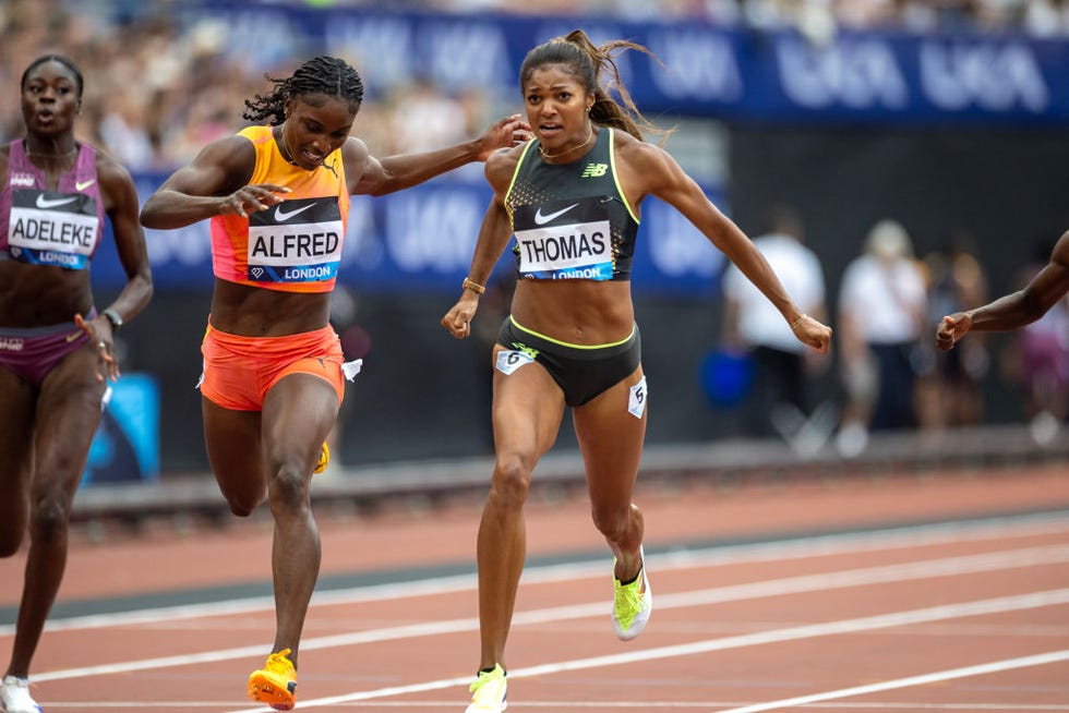 london, england july 20 gabrielle thomas of the united states celebrates winning the 200m for women competition with julien alfred of saint lucia finishing in second place during the wanda diamond league, london athletics meet at the london stadium on july 20th, 2024, in london, england photo by tim claytoncorbis via getty images