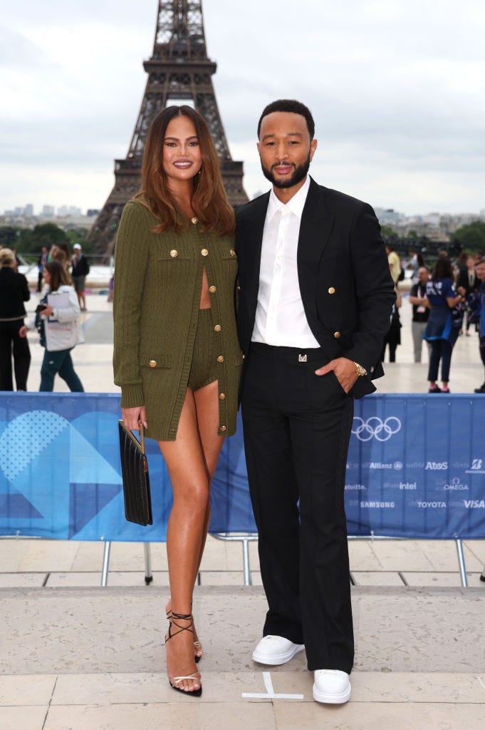 paris, france july 26 chrissy teigen and john legend attend the red carpet ahead of the opening ceremony of the olympic games paris 2024 on july 26, 2024 in paris, france photo by matthew stockmangetty images