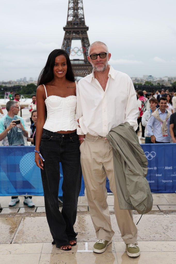 paris, france july 26 tina kunakey and vincent cassel attend the red carpet ahead of the opening ceremony of the olympic games paris 2024 on july 26, 2024 in paris, france photo by matthew stockmangetty images