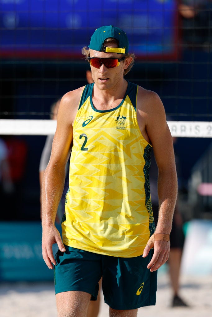 paris, france july 29 carracher izac of australia looks on during beach volleyball mens preliminary phase pool a on eiffel tower stadium centre court during the paris 2024 olympics games on july 29, 2024 in paris, france photo by manu reinoeuropa press via getty images