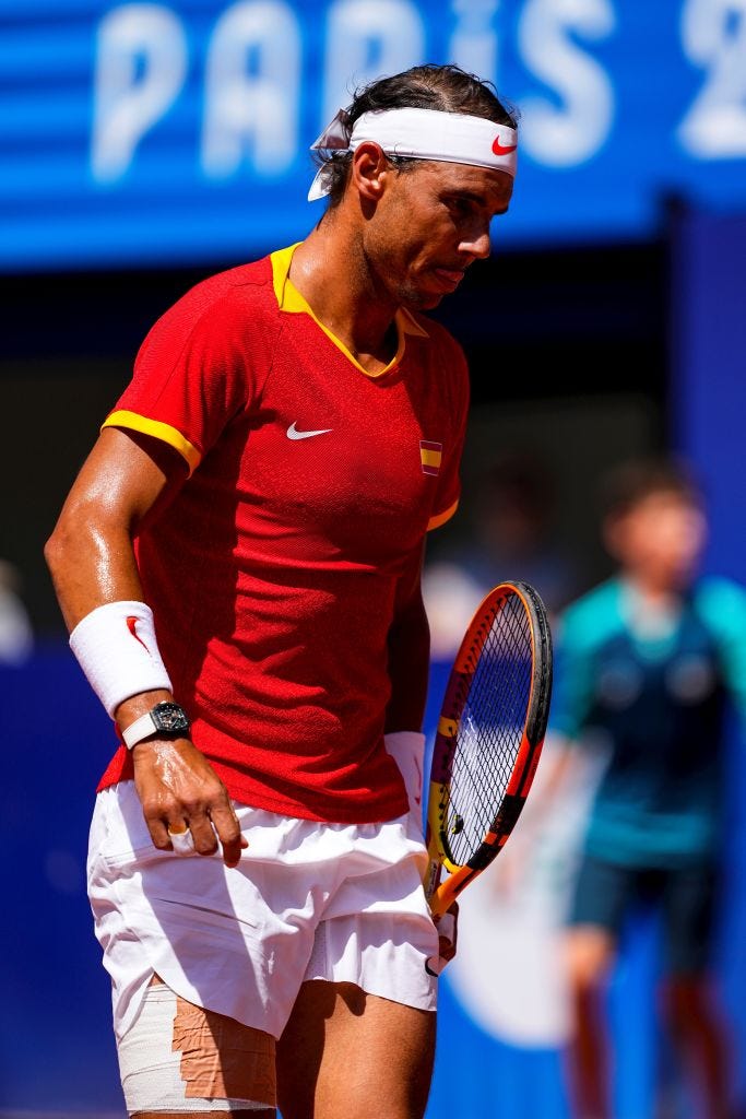 paris, france july 29 rafael nadal of spain in action against novak djokovic of serbia during the mens singles second round match on day three of the olympic games paris 2024 at roland garros on july 29, 2024 in paris, france photo by oscar j barrosoeuropa press via getty images