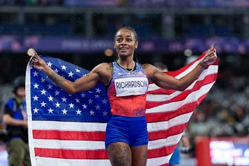 paris, france august 3 silver medalist shacarri richardson of united states celebrates during the women 100m final on day eight of the olympic games paris 2024 at stade de france on august 3, 2024 in paris, france photo by daniela porcellieurasia sport imagesgetty images